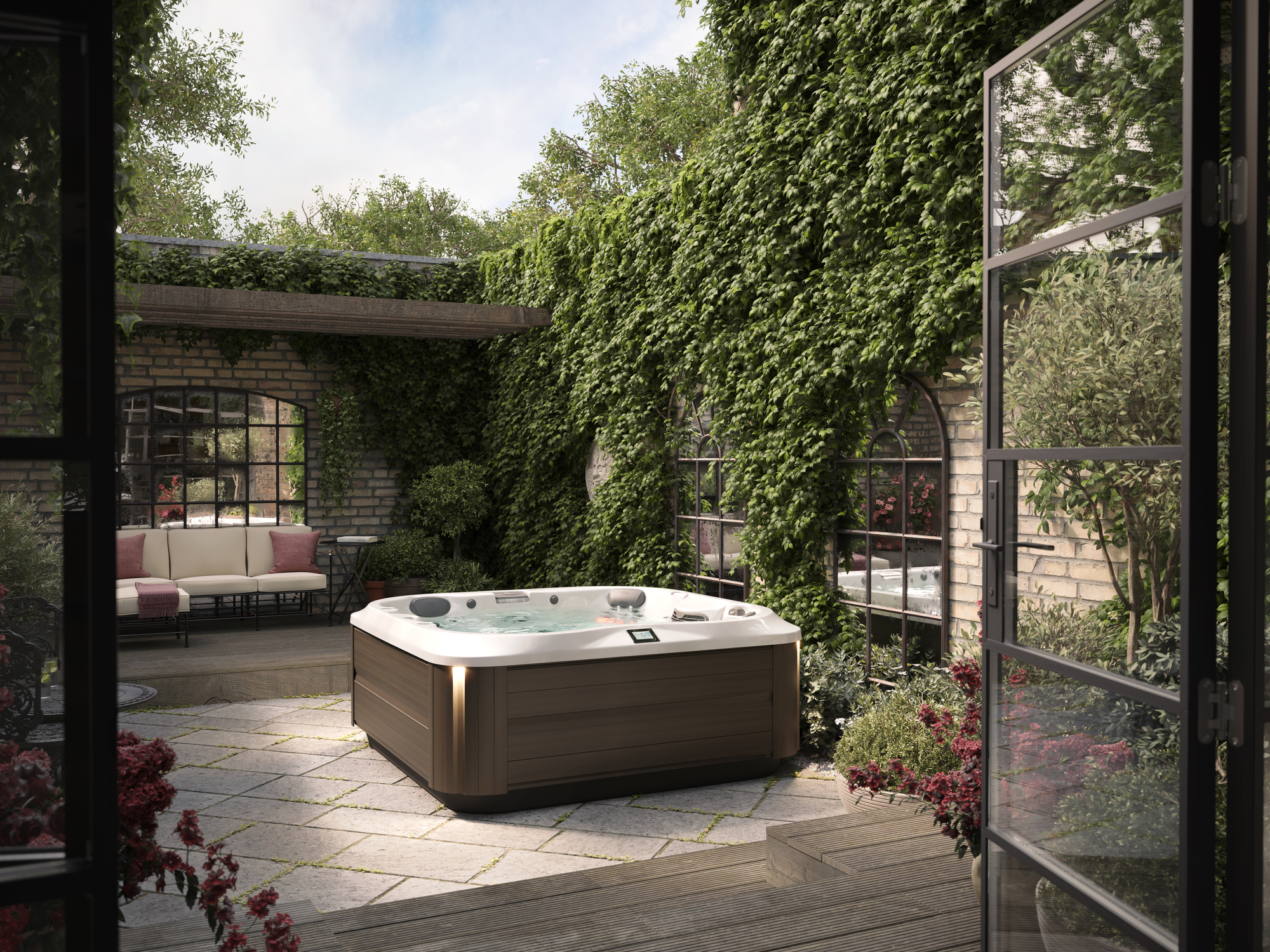 Jacuzzi J-335 ustawione w eleganckim patio.