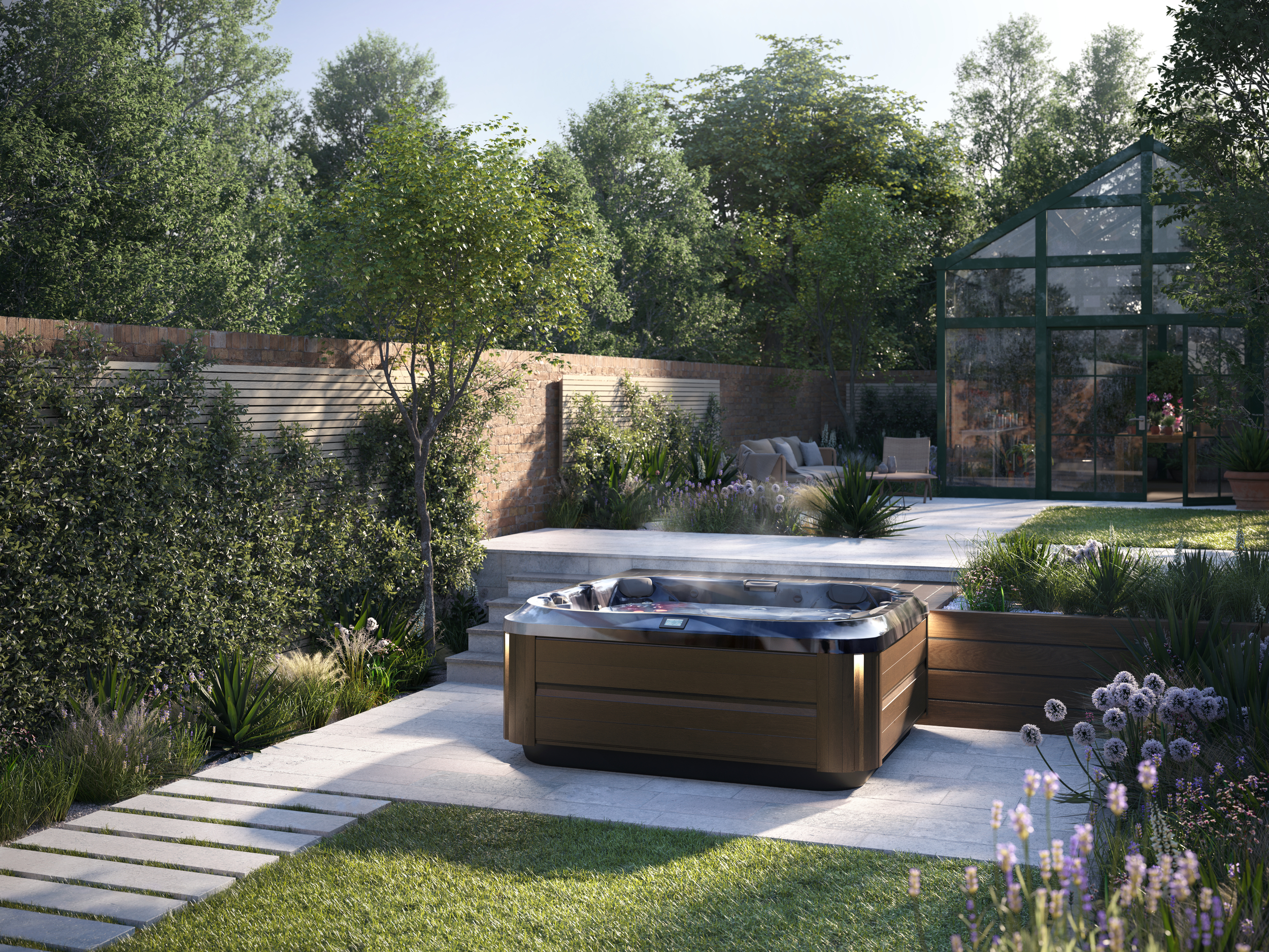 Jacuzzi J-355 ogrodowe na tarasie przy szklarni i zielonej aranżacji