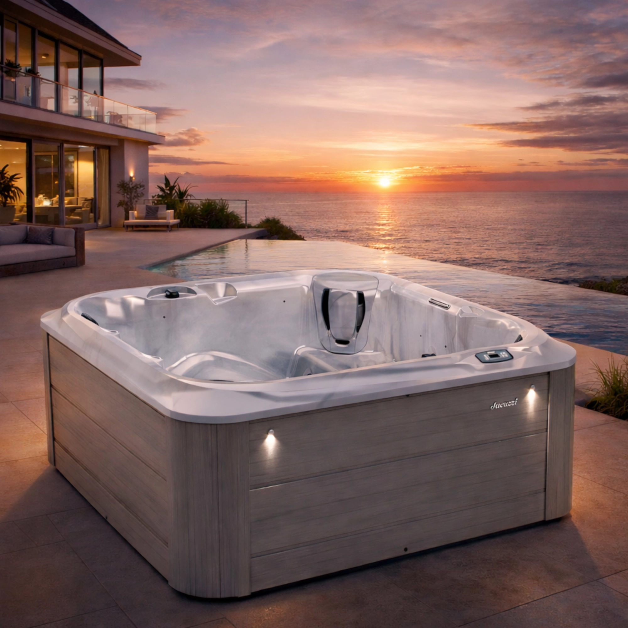 Jacuzzi J-235 ogrodowe spa o zachodzie słońca