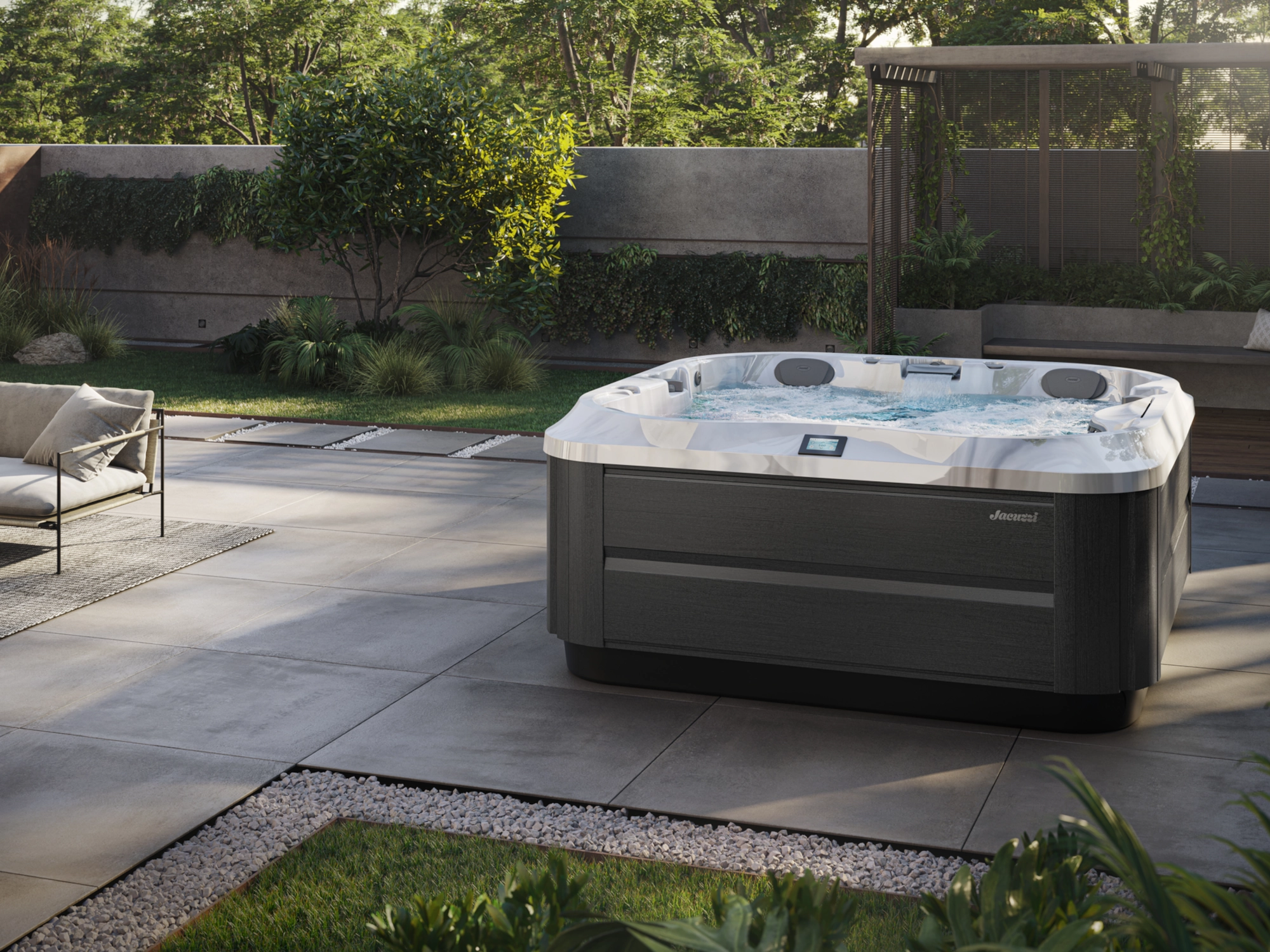 Jacuzzi J-332 4–5 osobowe ustawione na eleganckim tarasie