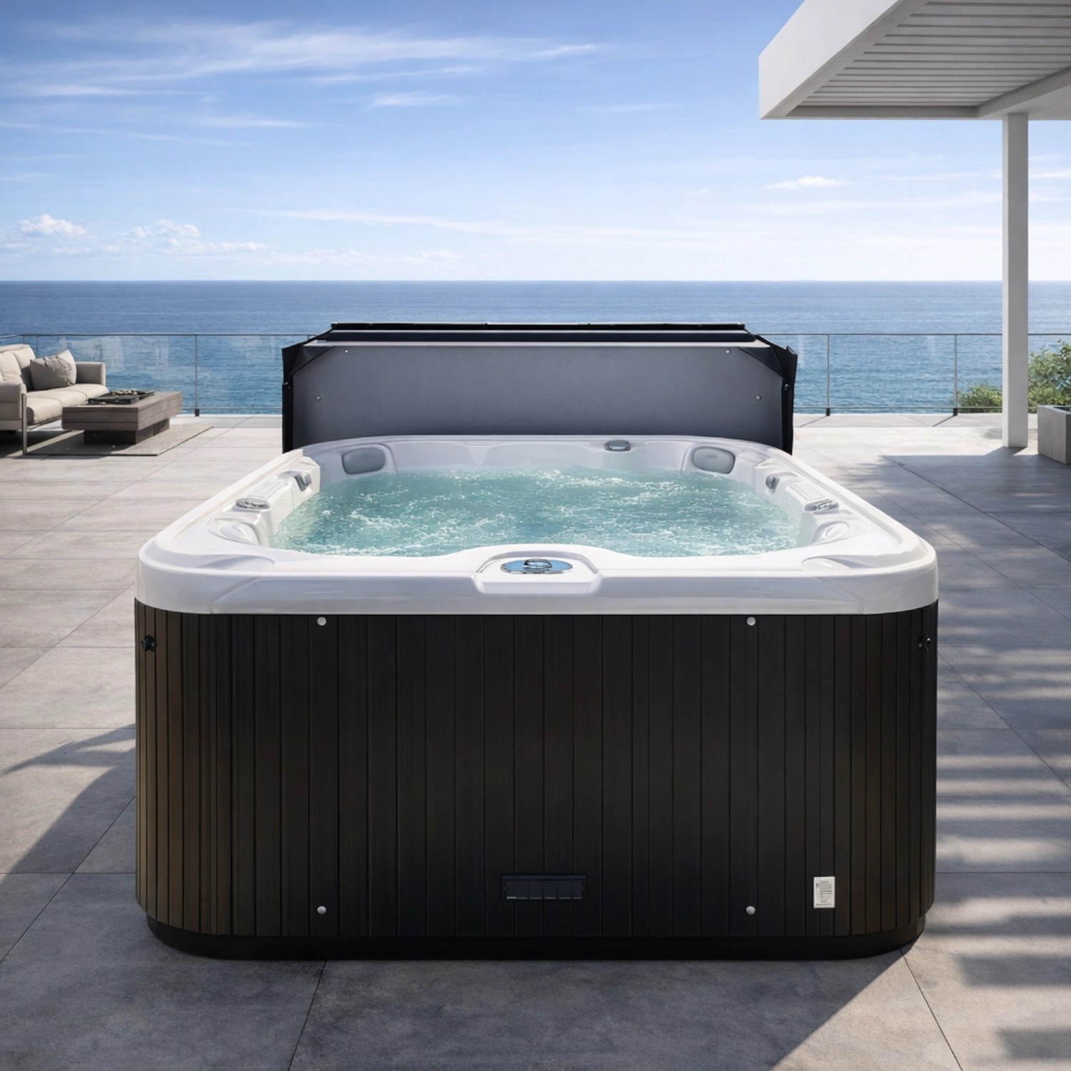 ScandiSpa Easy S30 - 6 osobowa wanna spa ustawiona na nowoczesnym tarasie.