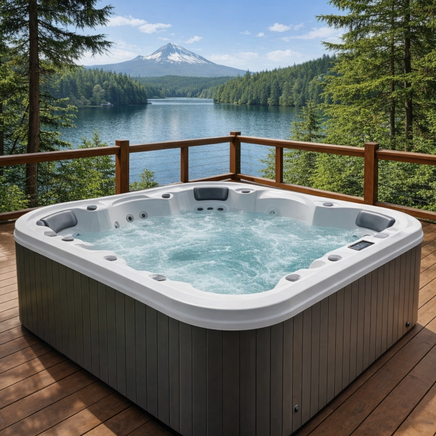 ScandiSpa Easy S40 - 5 osobowa wanna spa ustawiona na tarasie w domku nad jeziorem.