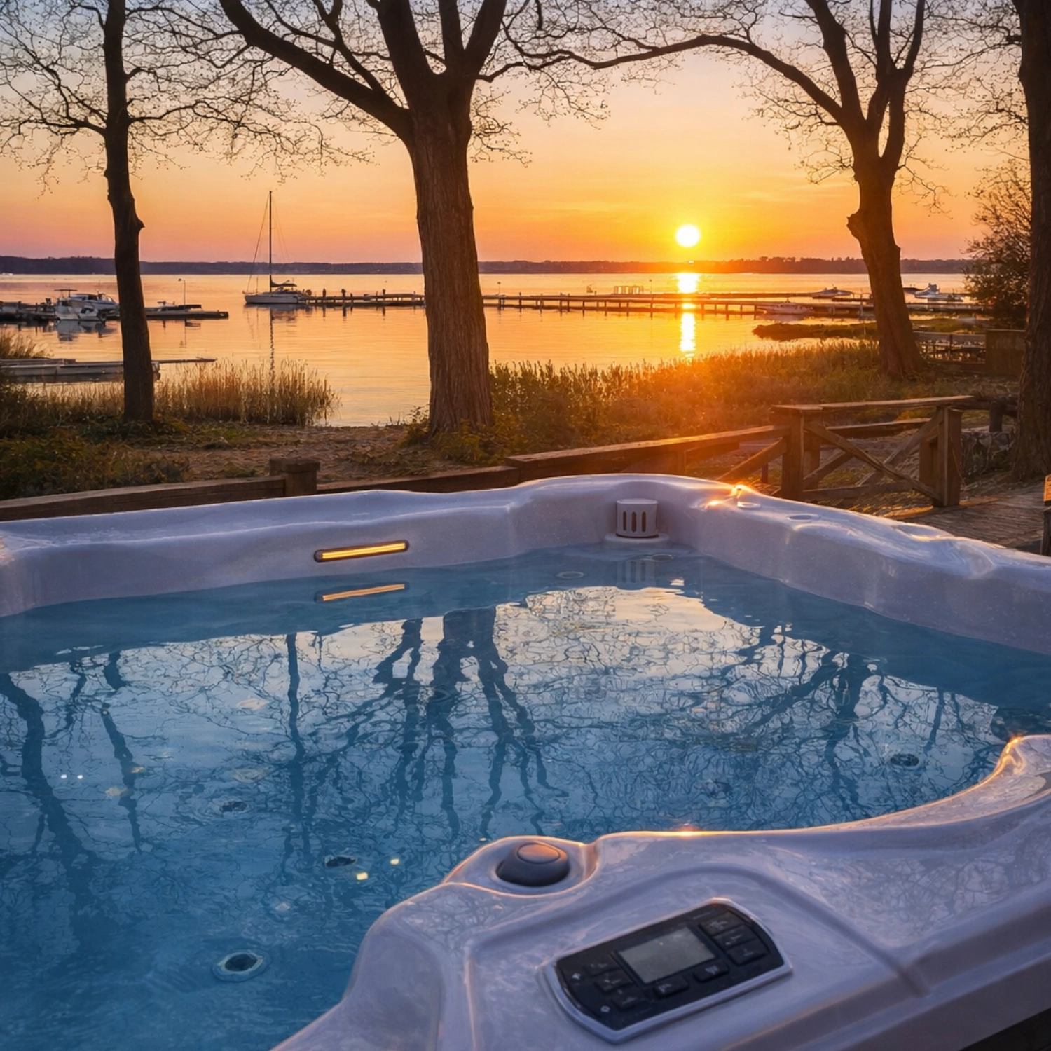 ScandiSpa Easy S50 - 5 osobowa wanna spa ustawiona przy zachodzie słońca.