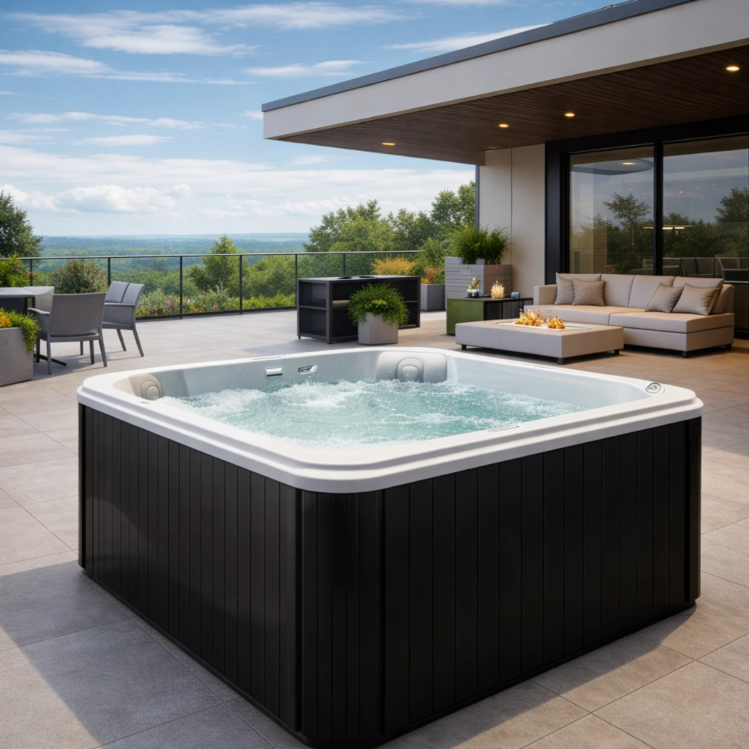 ScandiSpa Easy S10 - 4 osobowa wanna spa ustawiona na nowoczesnym tarasie.